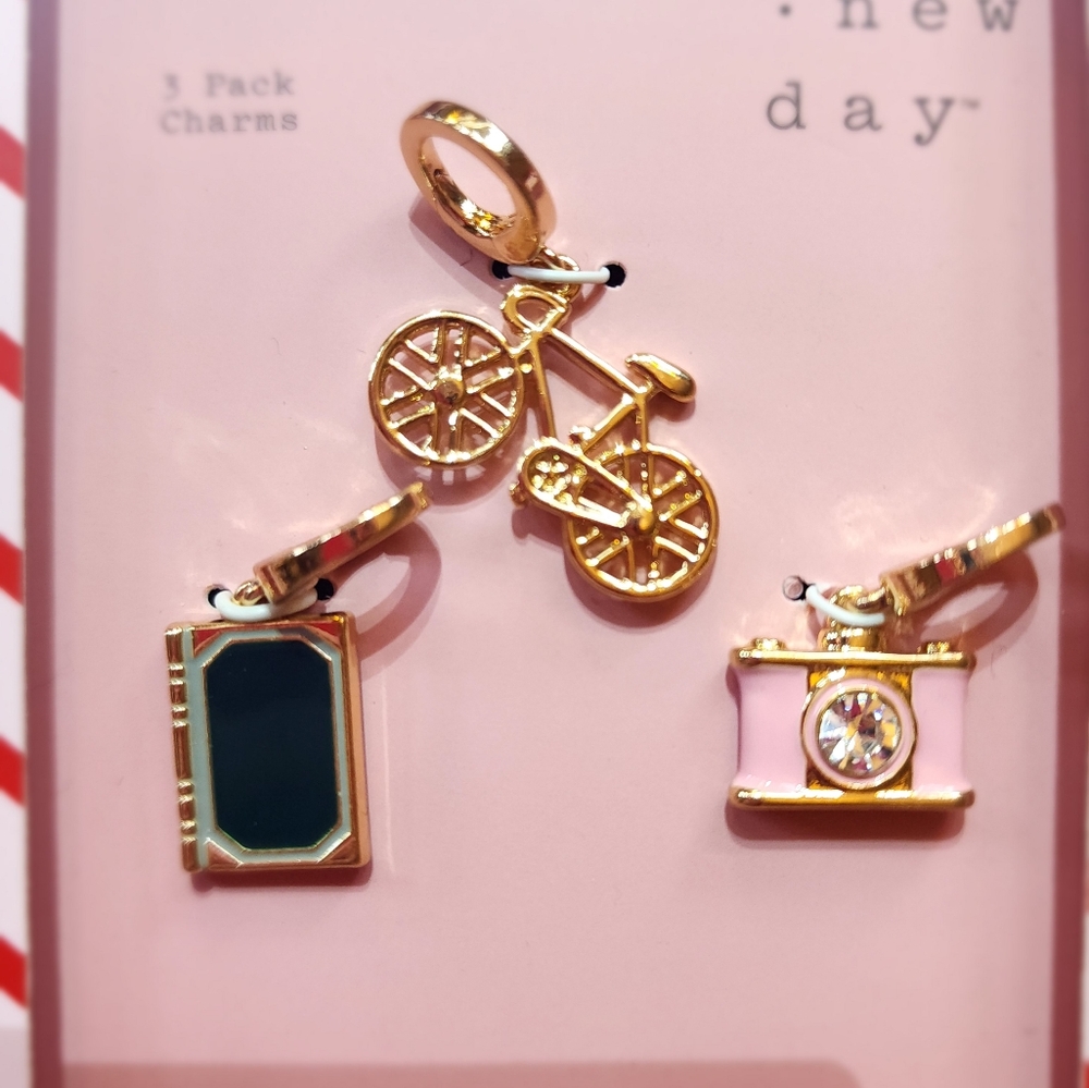 New Day Gold Charm Set - Bicycle, Book, Camera  *BRAND NEW IN BOX*